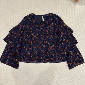 Madewell navy patterned top with tiered sleeves